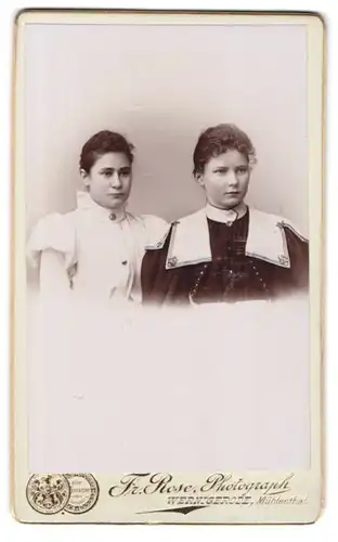 Fotografie Fr. Rose, Wernigerode, Mühlenthal, Zwie junge Damen in modischen Kleidern