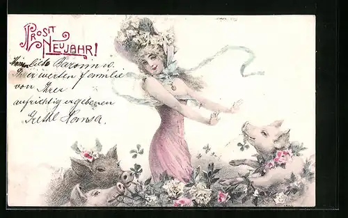 AK Dame umringt von Schweinen