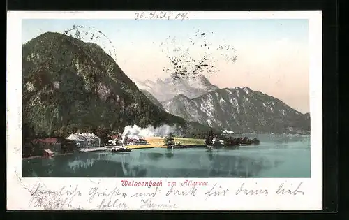 AK Weissenbach am Attersee, Uferpartie mit Dampfboot