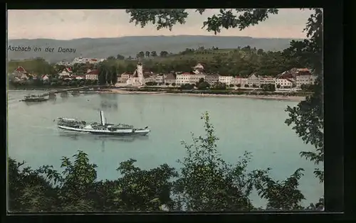 AK Aschach an der Donau, Uferpartie mit Dampfer