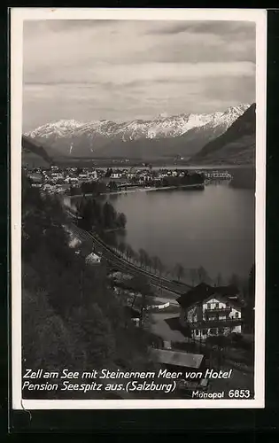 AK Zell am See, Hotel Pension Seespitz mit Blick auf Steinernes Meer