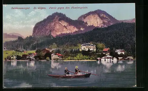 AK St. Gilgen, Plombergstein mit Ruderboot im Wasser