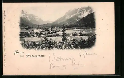 AK Grossgmain, Ortsansicht mit Kirche und Bergen