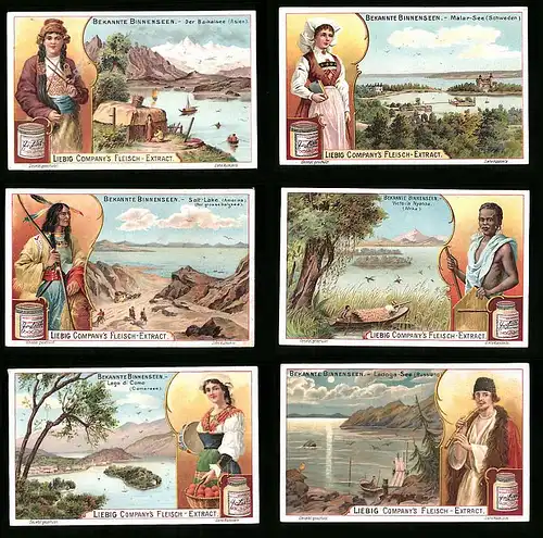 6 Sammelbilder Liebig, Serie Nr. 672: Bekannte Binnenseen, Ladoga-See, Salt-Lake, Baikalsee, Lago di Como