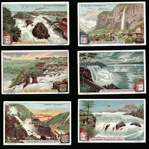 6 Sammelbilder Liebig, Serie Nr. 583: Wasserfälle, Rheinfall, Laatefos, Staubbachfall