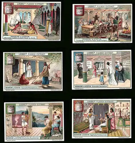 6 Sammelbilder Liebig, Serie Nr. 875: Wohnräume im Altertum, Griechisch, Assyrisch, Römisch, Germanen