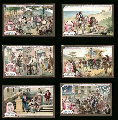6 Sammelbilder Liebig, Serie Nr. 911: Scenen aus Italien, Capitanata, Rom, Morra-Spiel