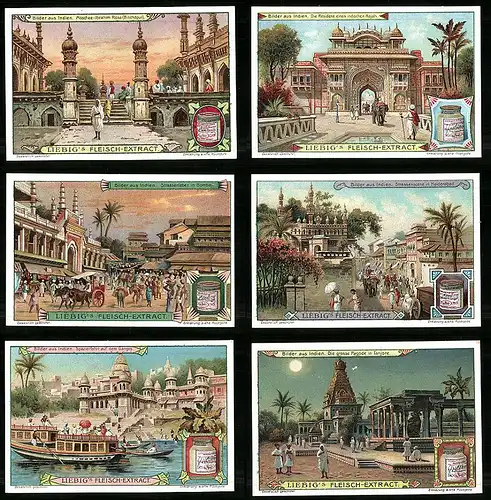 6 Sammelbilder Liebig, Serie Nr. 853: Bilder aus Indien, Tanjore, Ganges, Bombay, Haiderabad