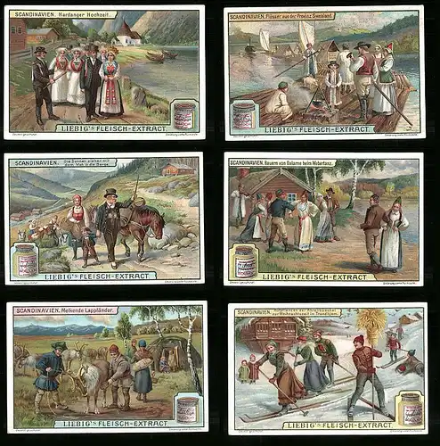 6 Sammelbilder Liebig, Serie Nr. 910: Scandinavien, Ski, Webertanz, Lappländer, Hardanger Hochzeit