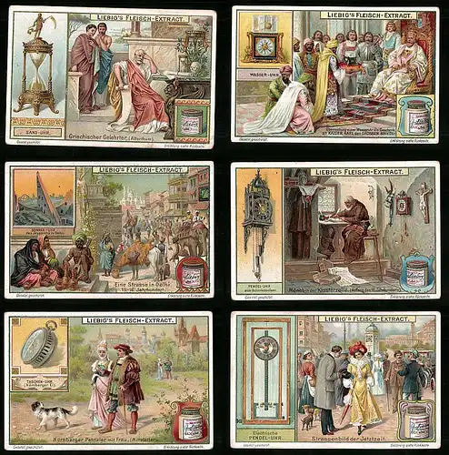 6 Sammelbilder Liebig, Serie Nr. 832: Uhren, Sonnen-Uhr, Pendel-Uhr, Taschenuhr