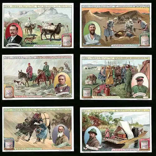 6 Sammelbilder Liebig, Serie Nr. 947: Sven v. Hedin`s Reise nach Tibet, Islam Bai, Turdu Bai, Kamel, Gobi