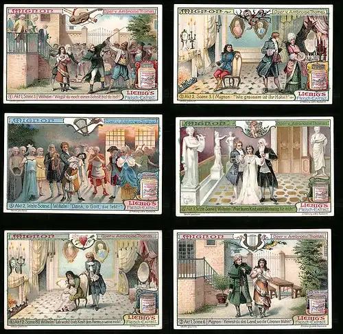 6 Sammelbilder Liebig, Serie Nr. 942: Mignon, Ambroise Thomas, Schloss, Adel