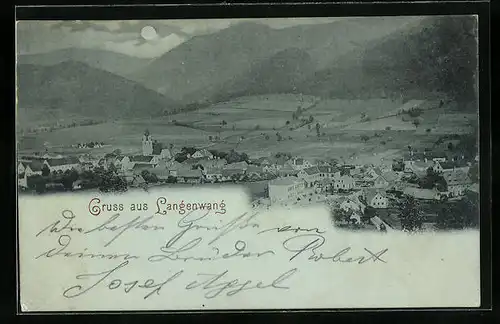 Mondschein-AK Langenwang, Ortsansicht aus der Vogelschau