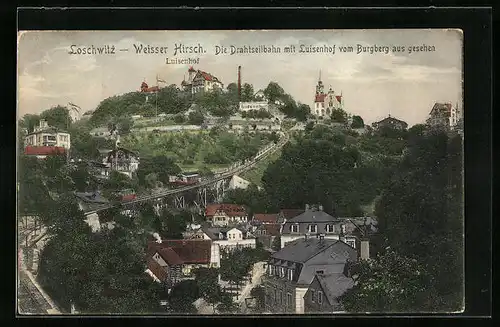 AK Loschwitz-Weisser Hirsch, Die Drahtseilbahn mit Luisenhof vom Burgberg aus gesehen