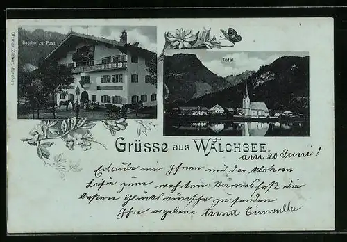 AK Walchsee, Ansicht Gasthof zur Post und Total mit See