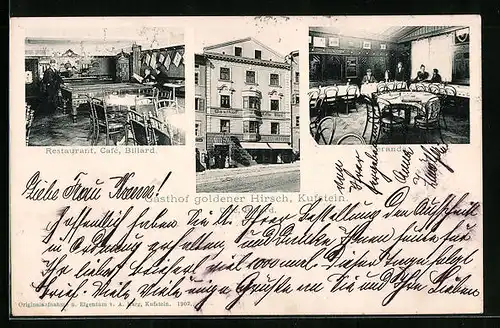 AK Kufstein, Aussen- und Innenansicht Gasthof goldener Hirsch