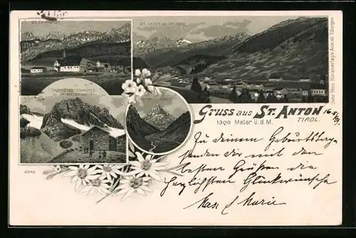 Lithographie St. Anton, Ansichten St. Christof, Patteriol-Spitze und Teilansicht