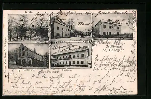 AK St. Radegund, Ansichten Krämerei, Gasthaus und Kirche