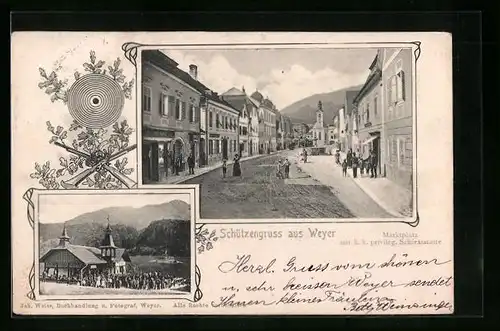 AK Weyer, Strassenpartie im Dorf mit Geschäften und Bürgern