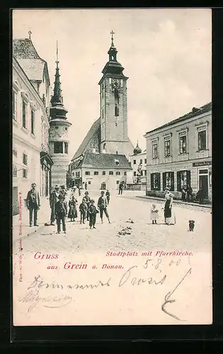 AK Grein, Pfarrkirche mit Stadtplatz