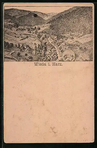 Lithographie Wieda /Harz, Blick auf Dorf und umgebendes Bergland