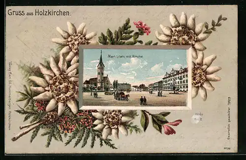 Passepartout-Lithographie Holzkirchen, Marktplatz mit Kirche, Edelweiss
