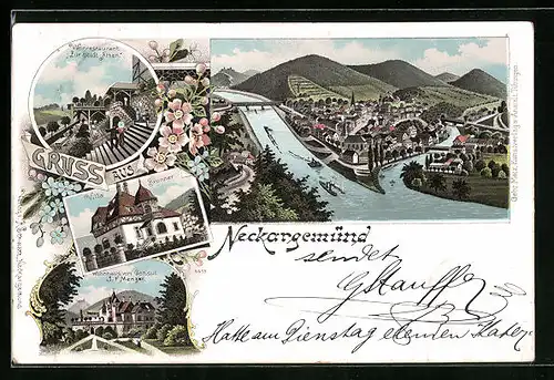 Lithographie Neckargemünd, Weinrestaurant zur Stadt Athen, Villa Bronner, Wohnhaus von Consul Menzer