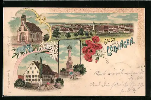 Lithographie Löffingen, Gasthaus zur Linde, Kriegerdenkmal, Schneekreuz-Kapelle