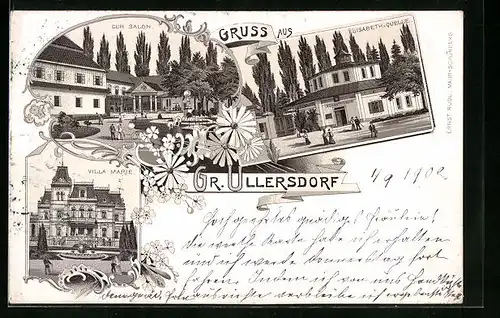 Lithographie Gross-Ullersdorf, Elisabeth-Quelle, Villa Marie, Cur Salon