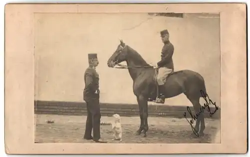 Fotografie unbekannter Fotograf und Ort, K.u.K. Soldaten in Uniform auf ihrem Pferd und Diensthund macht Männchen