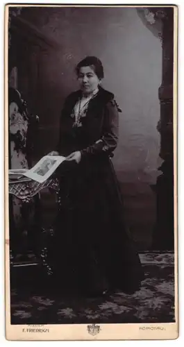 Fotografie F. Friedrich, Komotau, Portrait junge Tschechin im dunklen Kleid mit Pelzstola