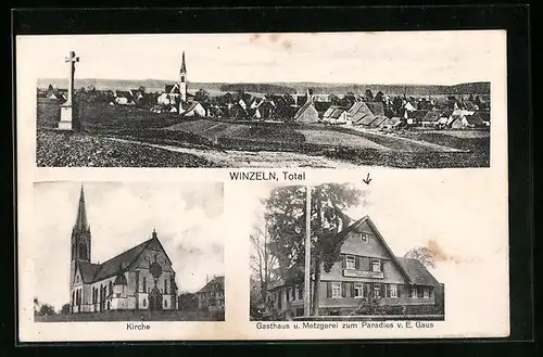 AK Winzeln, Totalansicht mit Gasthaus und Metzgerei zum Paradies, Kirche