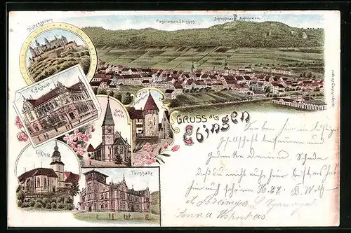 Lithographie Ebingen, Panorama, Turnhalle, Postamt, Kirche