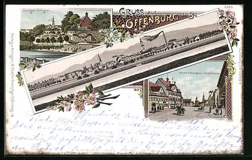 Lithographie Offenburg i. B., Hauptstrasse mit Markt und Rathaus, Zwinger-Anlagen, Panorama