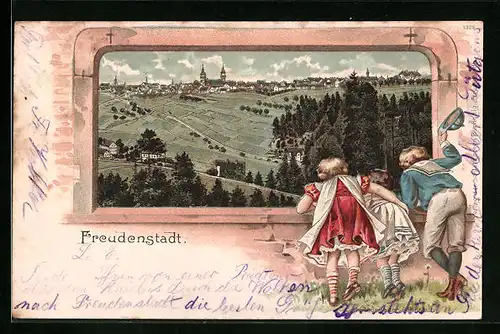 Passepartout-Lithographie Freudenstadt, Kinder blicken durch ein Fenster zum Ort