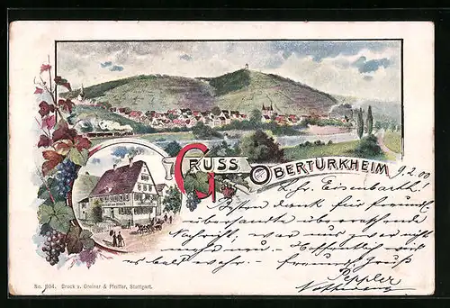 Künstler-AK Obertürkheim, Ortsansicht mit Gasthaus zum Ochsen