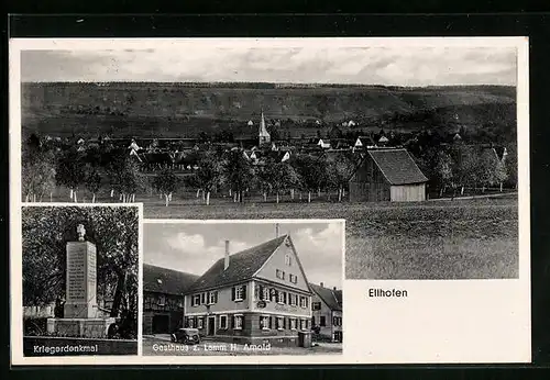 AK Ellhofen, Gasthaus zum Lamm, Kriegerdenkmal, Totalansicht