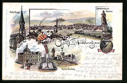 Lithographie Tuttlingen, Totalansicht mit Kgl. Post, Schneckenburger Denkmal und Kirche