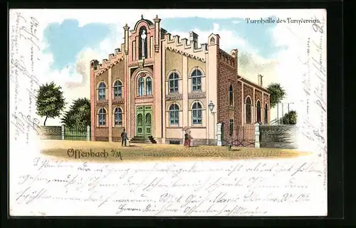 Lithographie Offenbach /Main, Blick auf die Turnhalle des Turnvereins