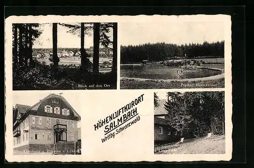 Künstler-AK Salmbach /Wrttbg. Schwarzwald, Blick auf den Ort und Freibad Hermannsee