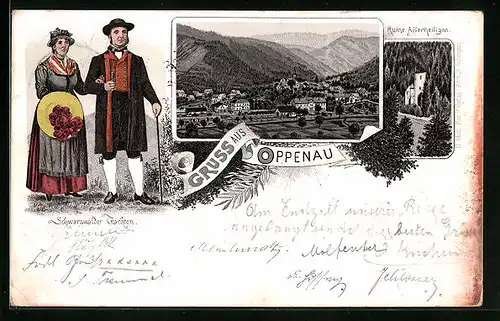 Lithographie Oppenau, Totalansicht mit Bürgern in Schwarzwälder Trachten