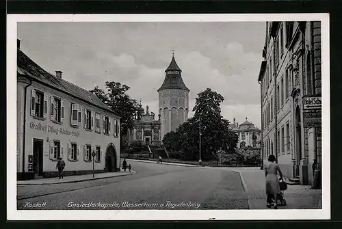AK Rastatt, Gasthaus Pflug-Kloster-Stübl, Einsiedlerkapelle, Wasserturm u. Pagodenburg