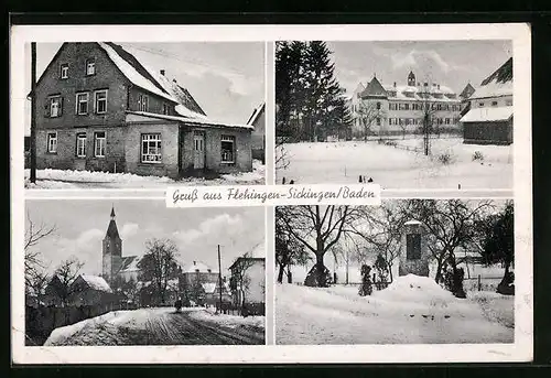 AK Flehingen-Sickingen, Kaufhaus Albert Müller, Strassenpartie mit Kirche, Denkmal im Winter