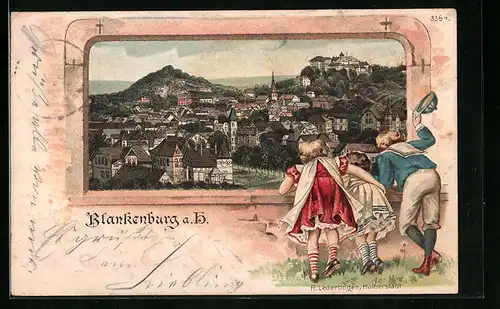 Passepartout-Lithographie Blankenburg a. H., Totalansicht, Kinder blicken auf Stadt