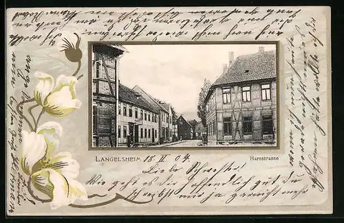 Passepartout-AK Langelsheim, Harzstrasse mit Fachwerkhäusern, Weisse Blumen