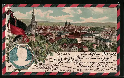 Lithographie Esslingen, Totalansicht mit Kirchen, Wilhelm II.