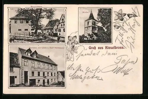 AK Kieselbronn, Gasthaus zur Linde, Hauptstrasse, Kirche