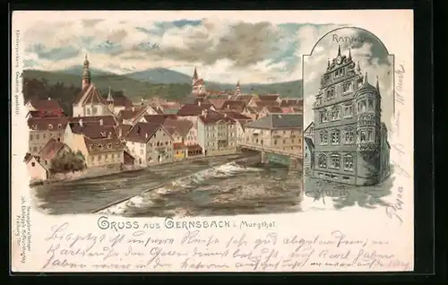 Lithographie Gernsbach /Murgthal, Rathaus, Ortspartie mit Kirchen und Rathaus