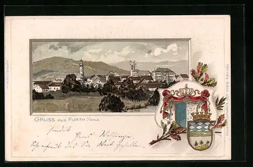Passepartout-Lithographie Furth i /Wald, Teilansicht mit Kirche, Wappen