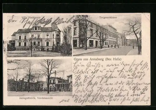 AK Annaburg /Bez. Halle, Torgauerstrasse mit Geschäft, Steingutfabrik Vorderansicht, Villa Heckmann